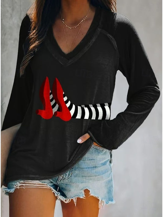 Women's T shirt Witch Long Sleeve V Neck Long Sleeve