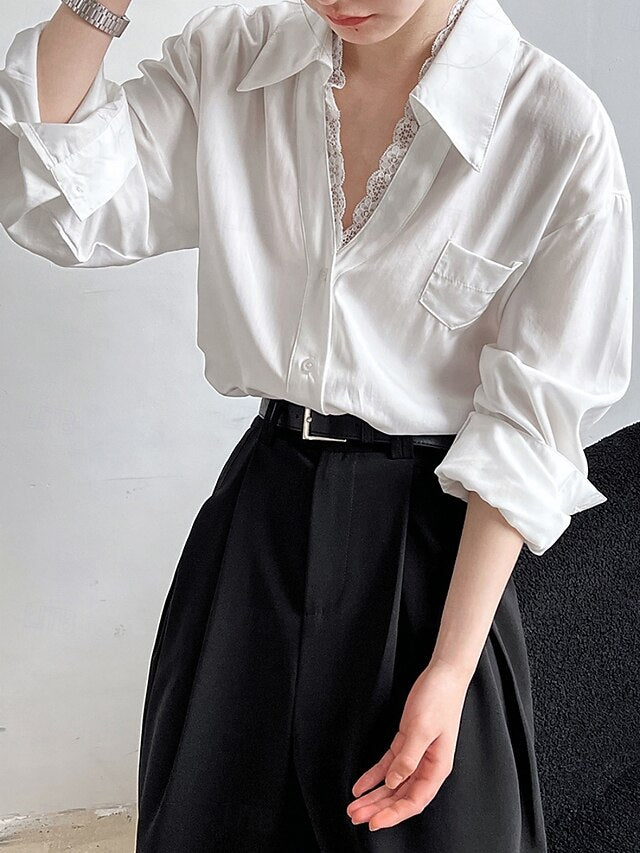 Women's Casual Shirt Button Up Shirt Blouse Lace Patchwork