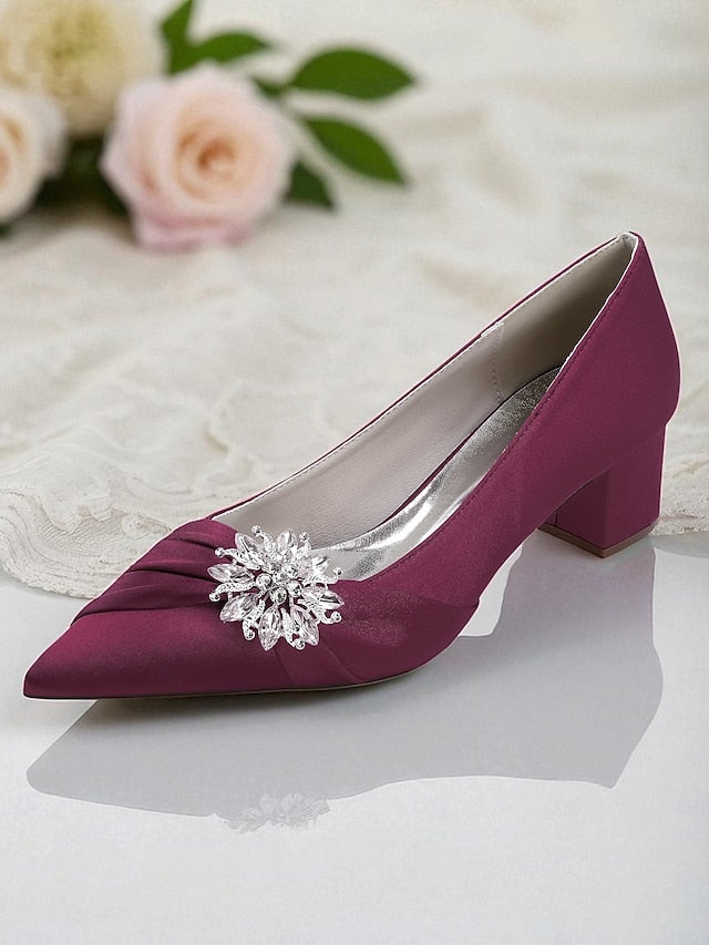 White Block with Women's Pumps Heel Low Crystal