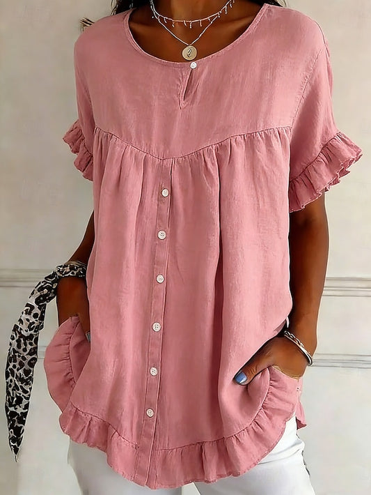 Women's Shirt Cotton Linen Shirts Blouse Ruffle Shirt Plain