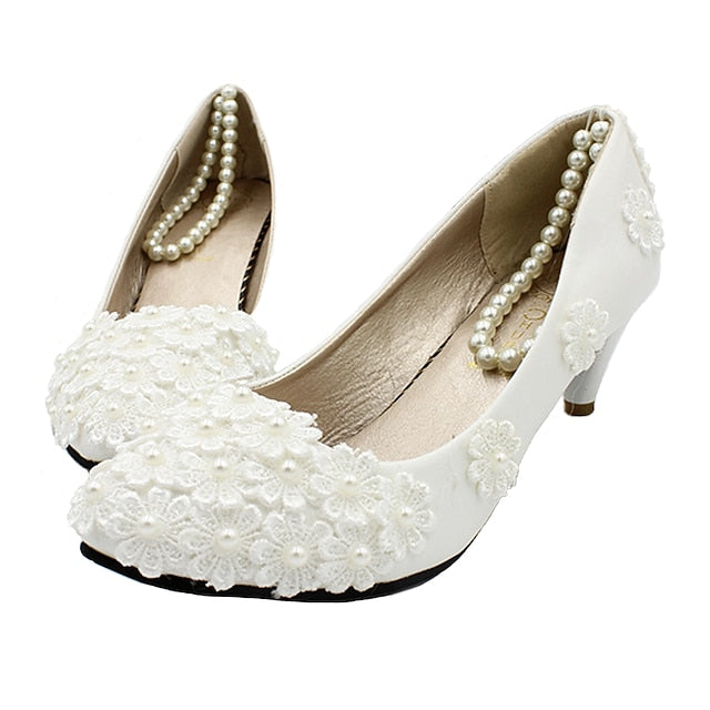 White Decorated Lace Pearl Floral Heels – Women's Wedding