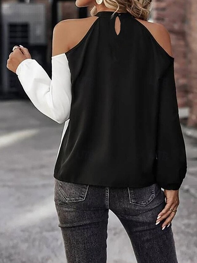 Women's Blouse Eyelet top Patchwork Color Block Stylish