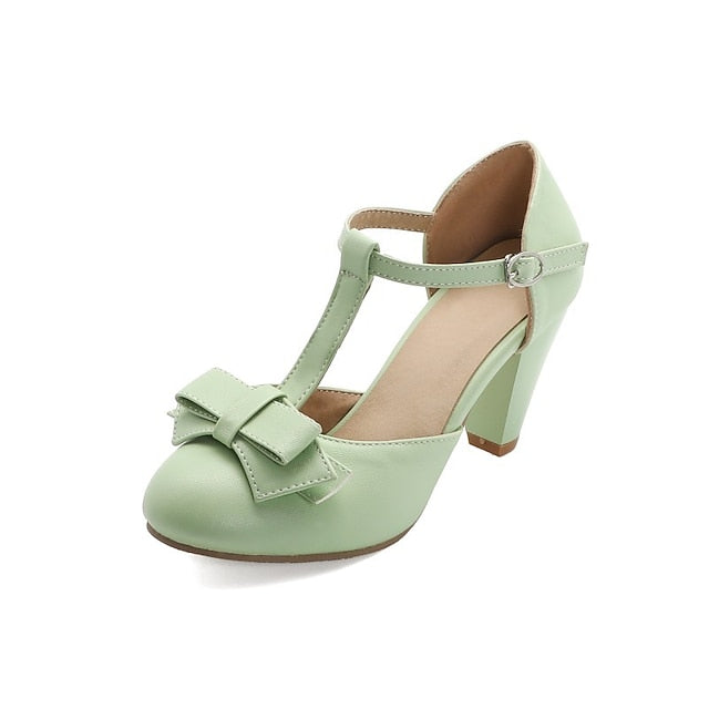 – T-Strap 1950s Vintage Chunky Mint Bow Retro with Green Heels