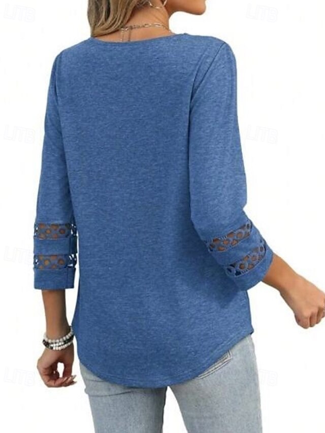Women's T Shirt Eyelet Plain Casual Long Sleeve V Neck