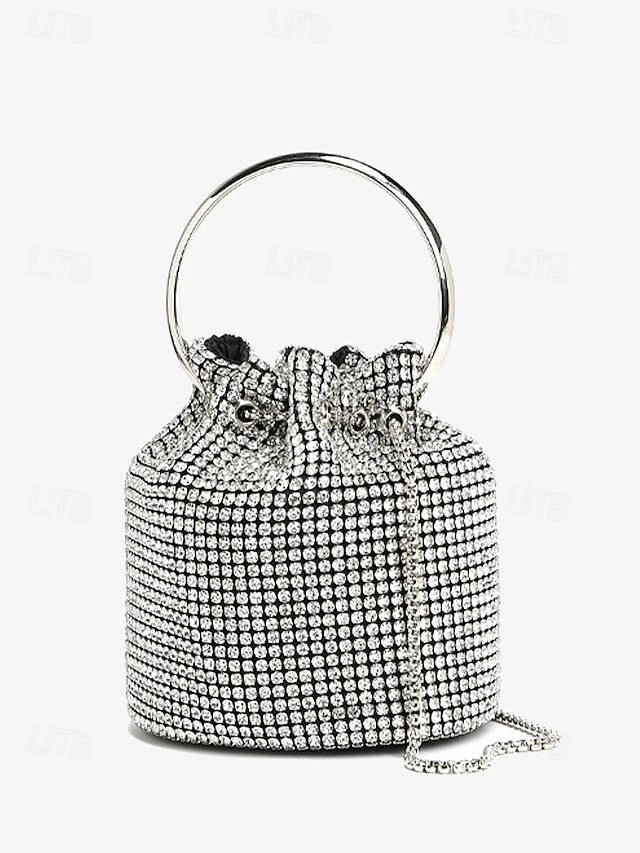 Sparkling Rhinestone Bag with Silver Bucket Women's Metal