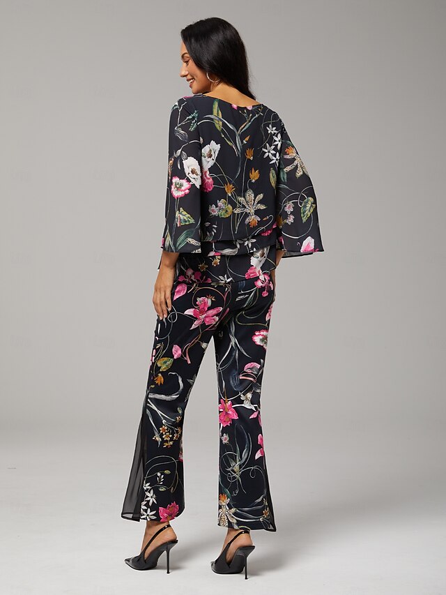 Women's Blouse Black Floral 3/4 Sleeve Loose Round Neck