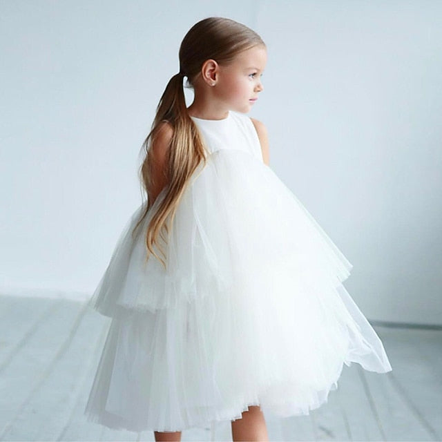 Wedding Mesh Girls' Sleeveless Dress Color Party Solid Kids