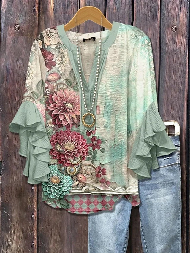 Women's Shirt Ruffle Print Floral Stylish Modern 3/4 Length