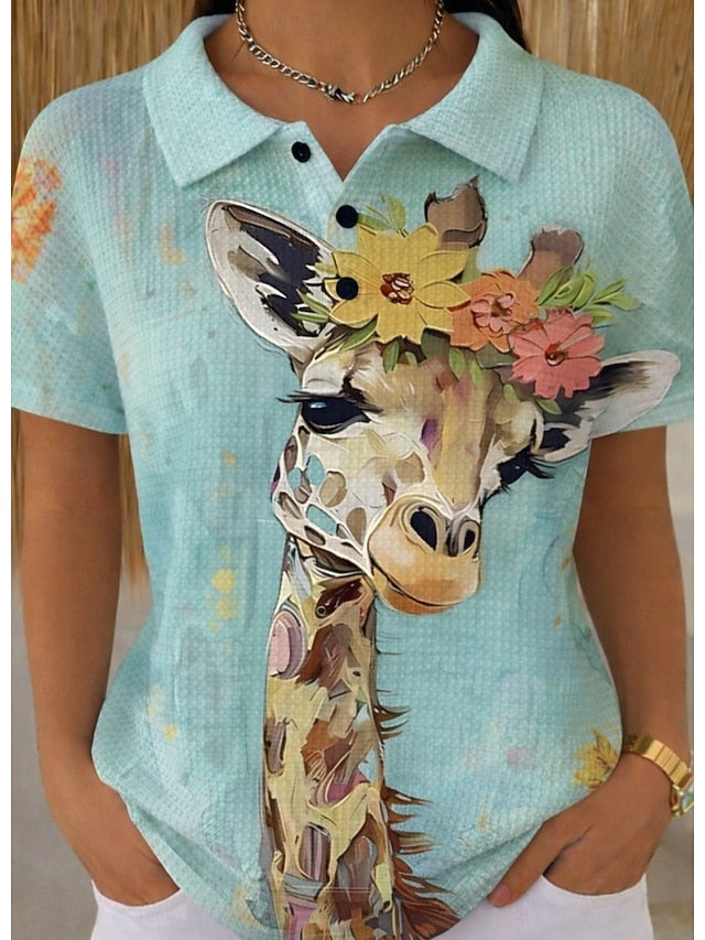 Women's Shirt Waffle Polo Shirts Summer Tops Graphic Animal