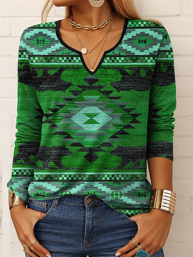 Women's T shirt Long Sleeve Graphic Geometric Vintage