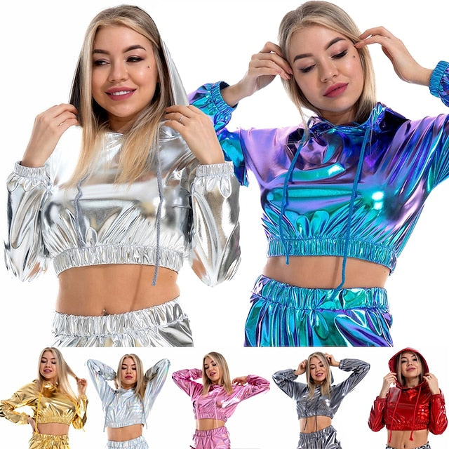 Hip-Hop Shiny 1980s Masquerade Hoodie Spicy Girls Crop Top