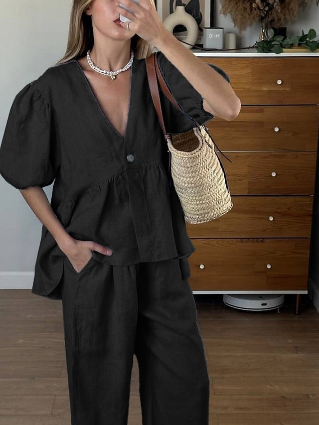 Women's Pants Sets Bolero Top Half Sleeve V Neck Solid