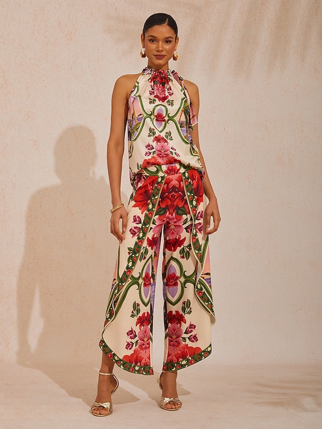 Hawaii Palm Silky Satin Floral Top