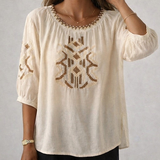 Women's Boho T-shirt Cotton Linen T Shirt Embroidered