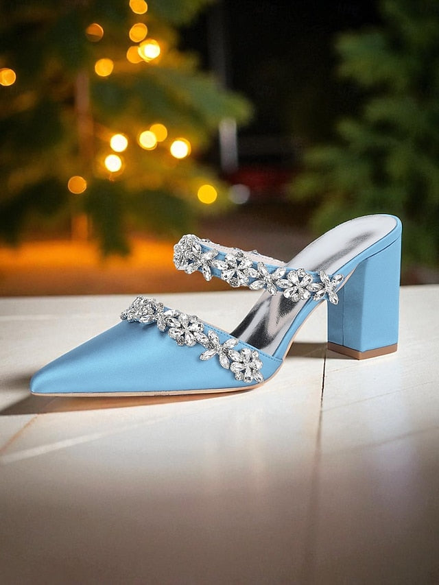 Block Heel Floral with Women's Black Mules Satin Rhinestone