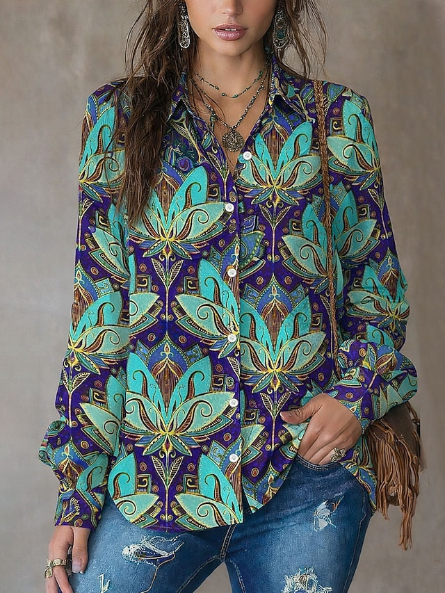 Women's Shirt Buttons Print Graphic Paisley Vintage Stylish