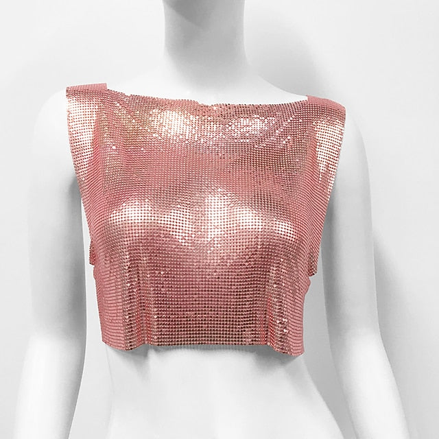 Metallic Sparkle Sexy Crop Tank Top Disco Solid Color Fancy