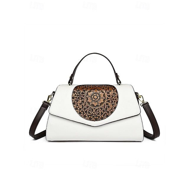 Floral – Faux Vintage Engraved Handbag Leather Women's
