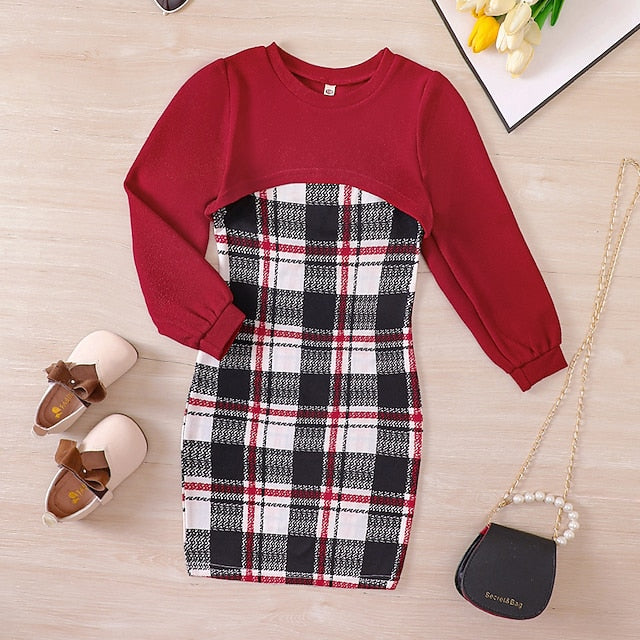 Color Block Pieces Long Girls' Suits Set Dress Kids 2