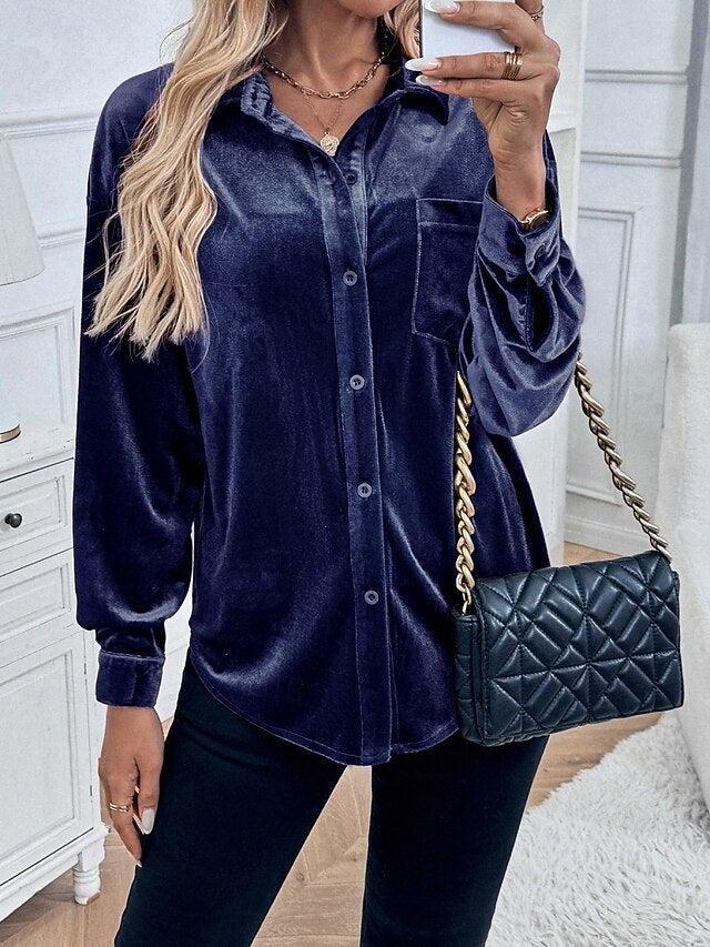 Women's Dress Shirt Button Up Shirt Blouse Velvet Blouse