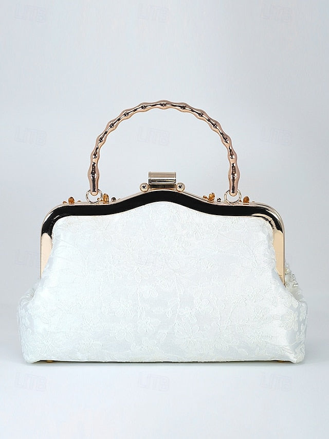 Elegant Pearl with and Evening Lace Handbag Floral White