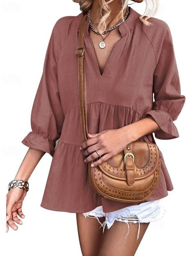 Women's Shirt Blouse Ruched Plain Casual Long Sleeve V Neck