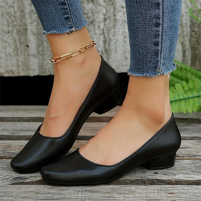 Women's Toe Classic Low Heel Pumps Black Round Slip-On –