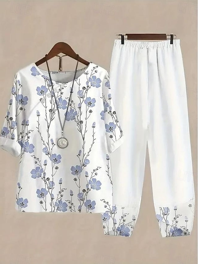 Women's Shirt Basic Pants Sets Half Sleeve Round Neck