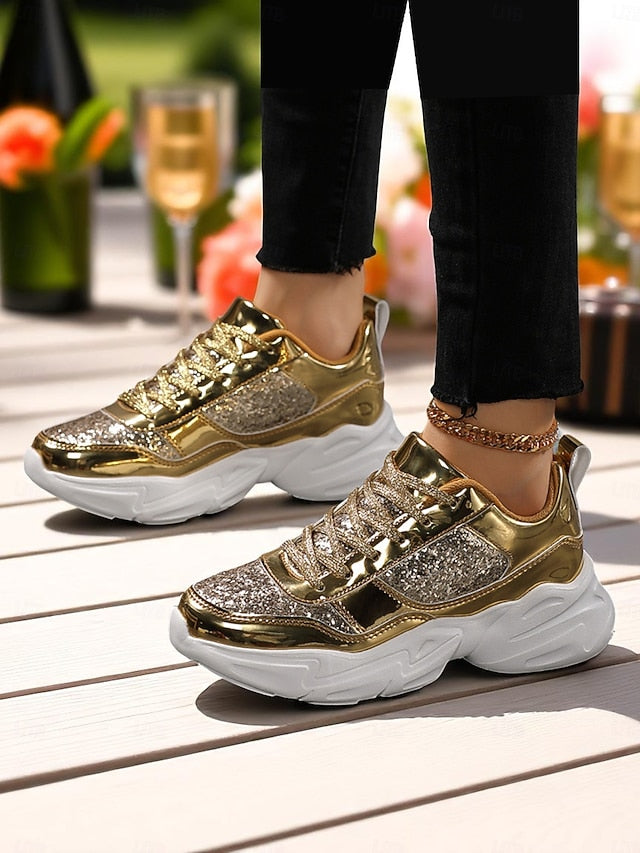with Chunky Platform Metallic Sneakers Women's Glitter