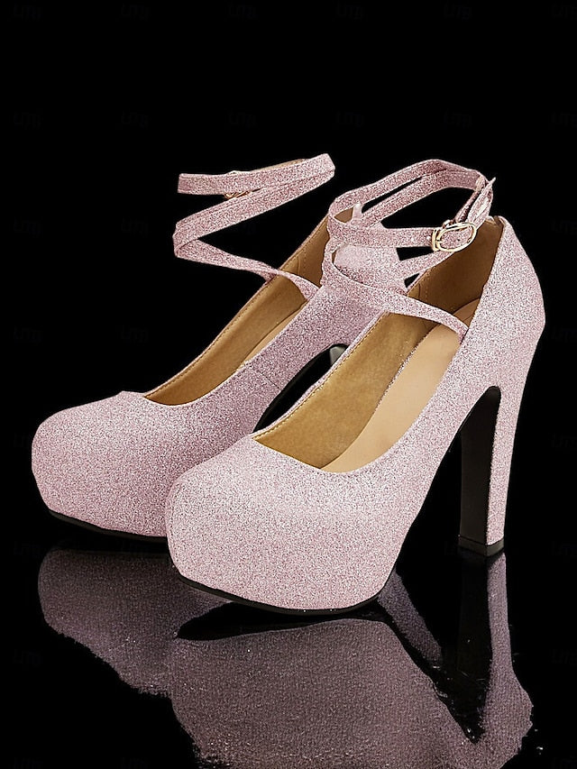 Women's Platform Strap Pink Glitter – with Ankle Heels