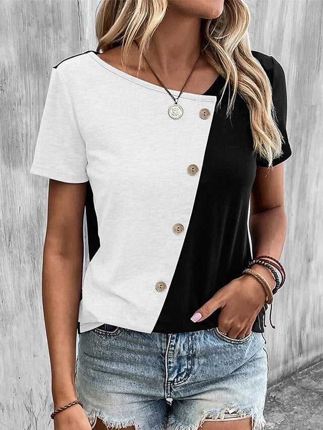 Women's T Shirt Buttons Casual Short Sleeve Asymmetric Neck