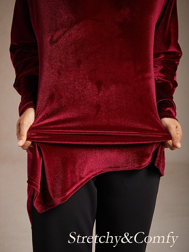 Christmas Women's Velvet Dressy Tops Asymmetric Elegant