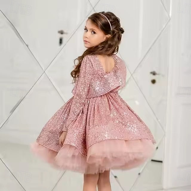Kids Long Dress Color Party Sleeve Performance Girls' Solid