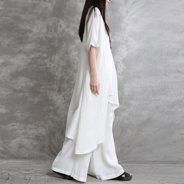 Women's Shirt Pants Sets Long Cotton Top Wide Leg Pants
