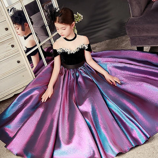 Solid Short Kids Party Girls' Dress Color Sleeve