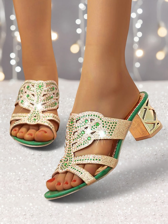 Rhinestone Embellished Heeled Gold and - Sandals Green