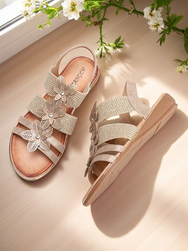 Sandals Elegant Beige – Flat Rhinestone Women's Floral