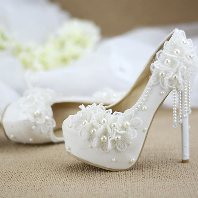 Women's White Lace Floral with Platform Wedding Heels