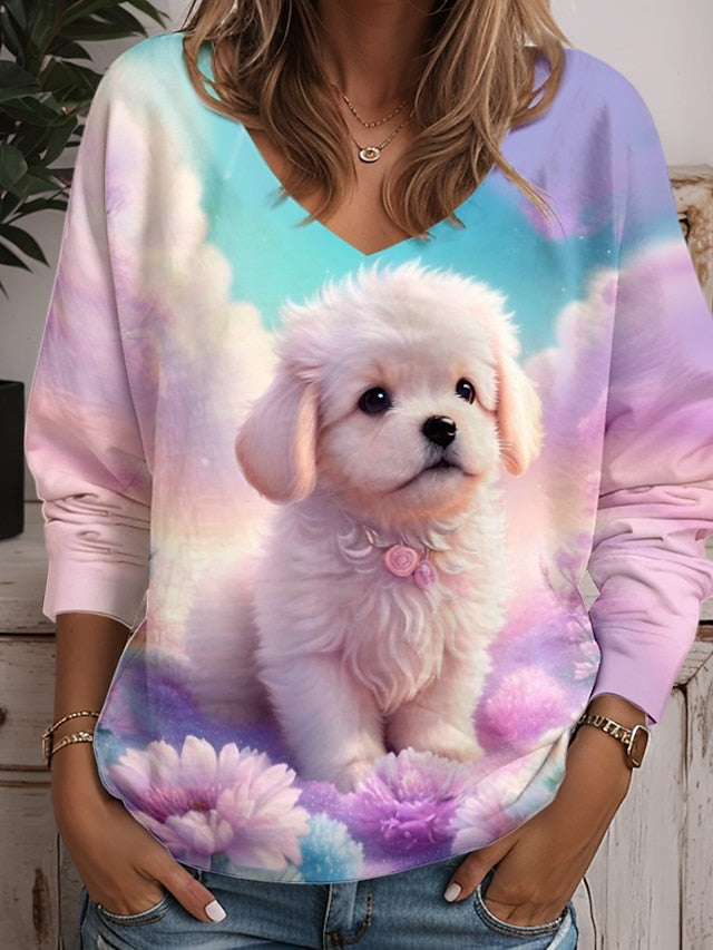 Women's Tunic T Shirt Animal Cat Fashion Funny Long Sleeve