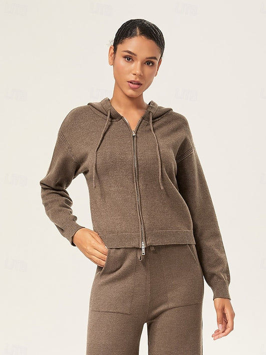 Women's Coffee Brown Hooded Zip-Up Sweater Drop Shoulder