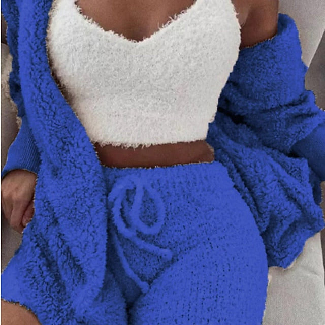 Warm Fuzzy Pajama Set 3PCS Long Sleeve Hooded Robe & Tank