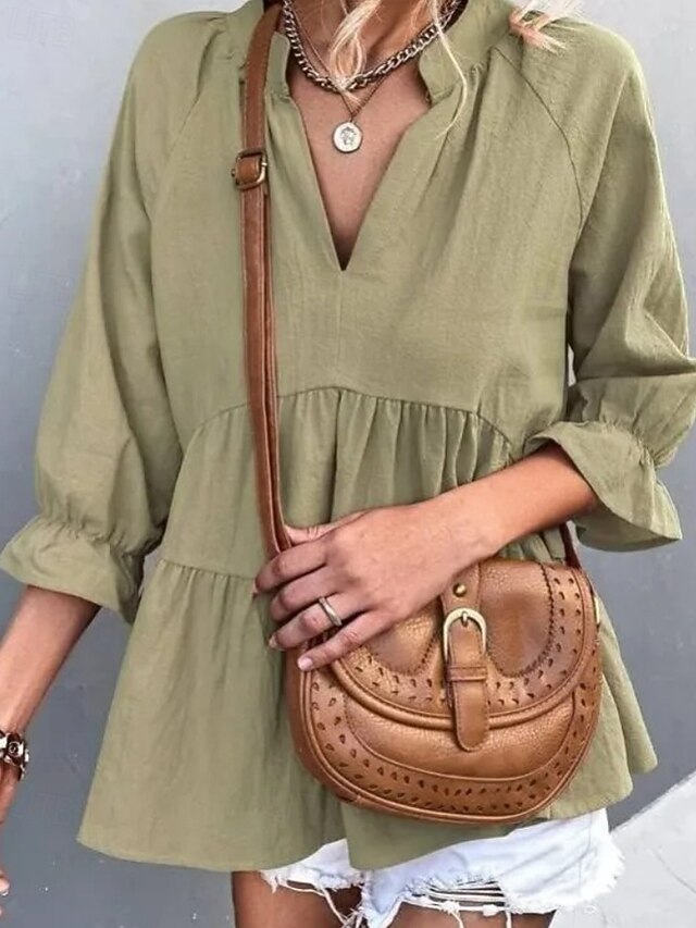 Women's Shirt Blouse Ruched Plain Casual Long Sleeve V Neck