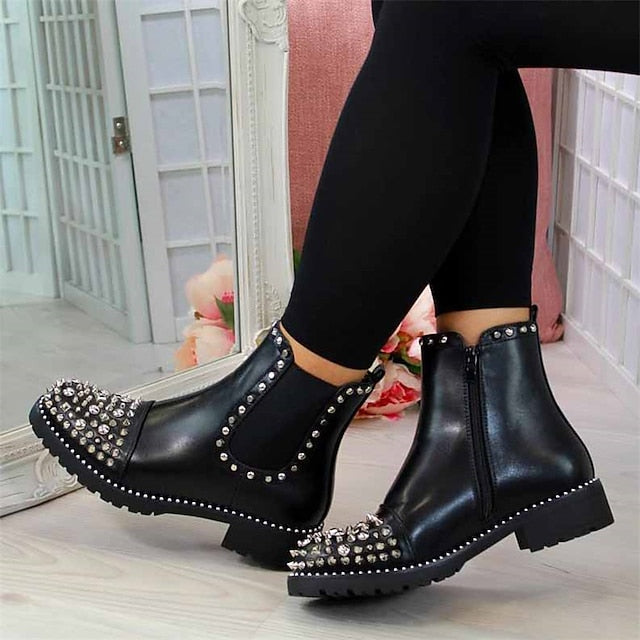 Sole for Ankle Women – Black Chelsea Chunky Boots Studded