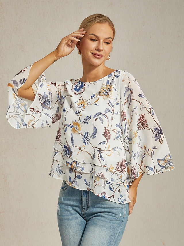 Women's Blouse Floral Print Layered Bell Sleeves Loose Fit