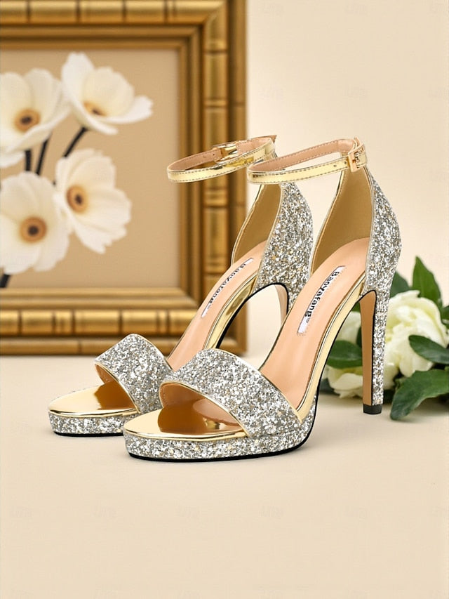 High Sandals Ankle Heel Strap with Women's Silver Glitter