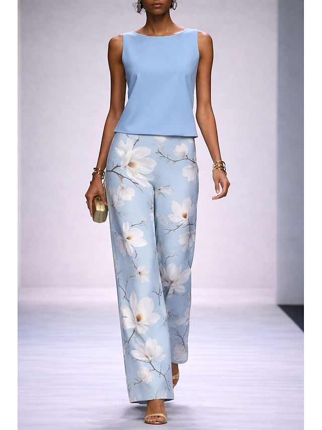 Women's Pants Sets Sleeveless Crew Neck Floral Graphic