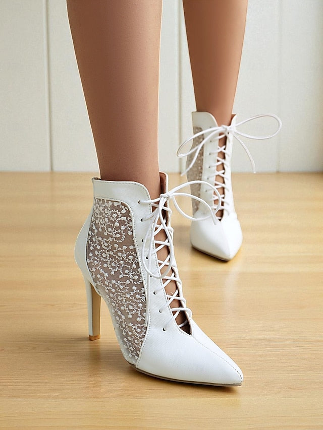 Heels Women's Stiletto Booties Mesh with White Lace Ankle