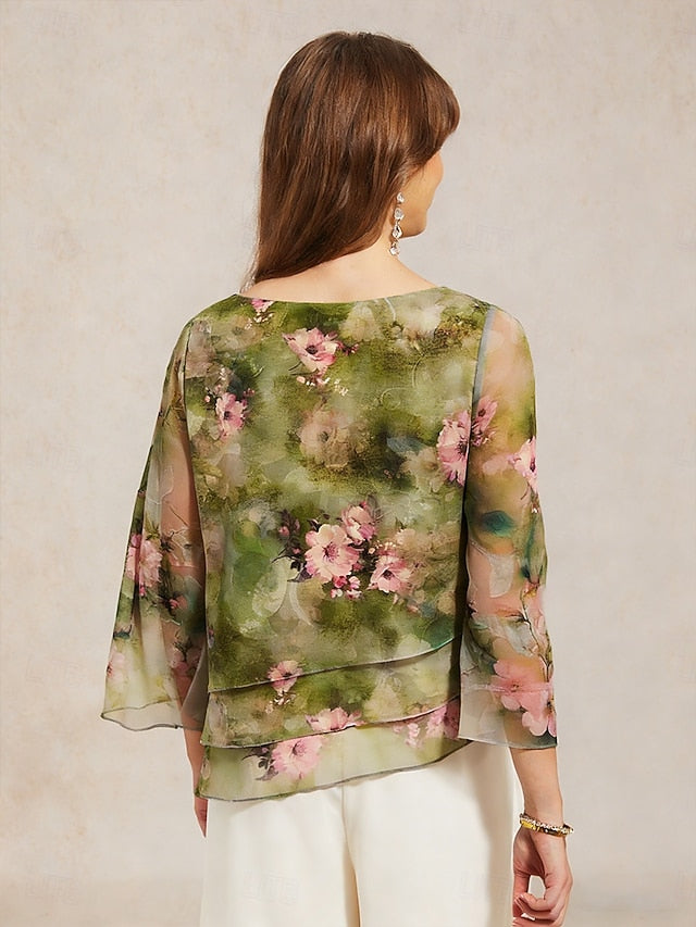 Women's Chiffon Tops Lace up Floral Elegant 3/4 Length