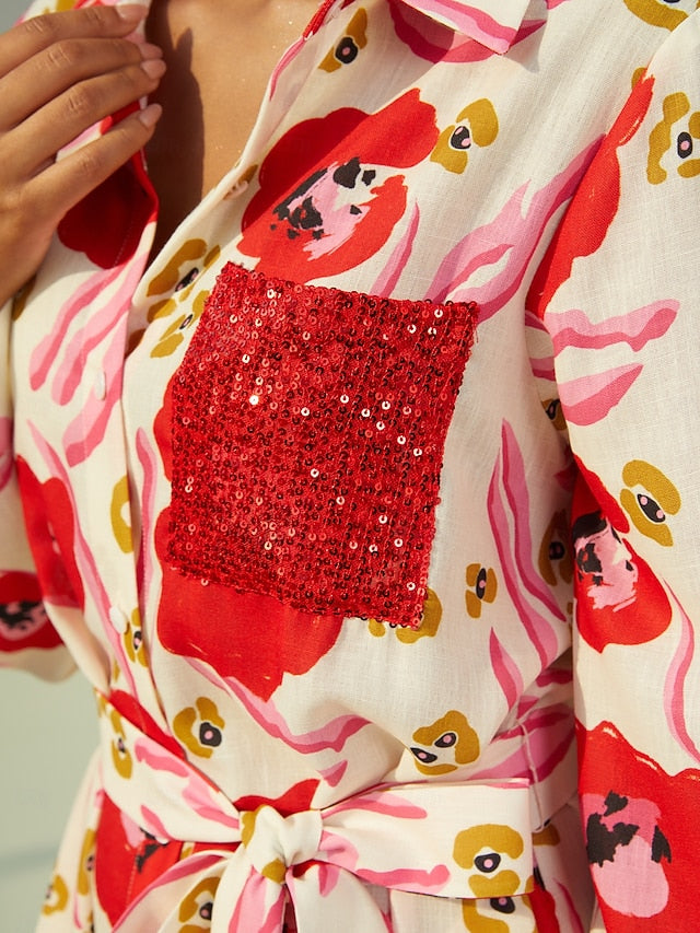 Abstract Floral Print Long Shirt Maxi Dress Vacation Casual