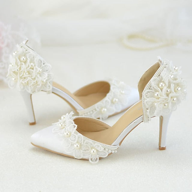 Women's White Lace Floral with Platform Wedding Heels